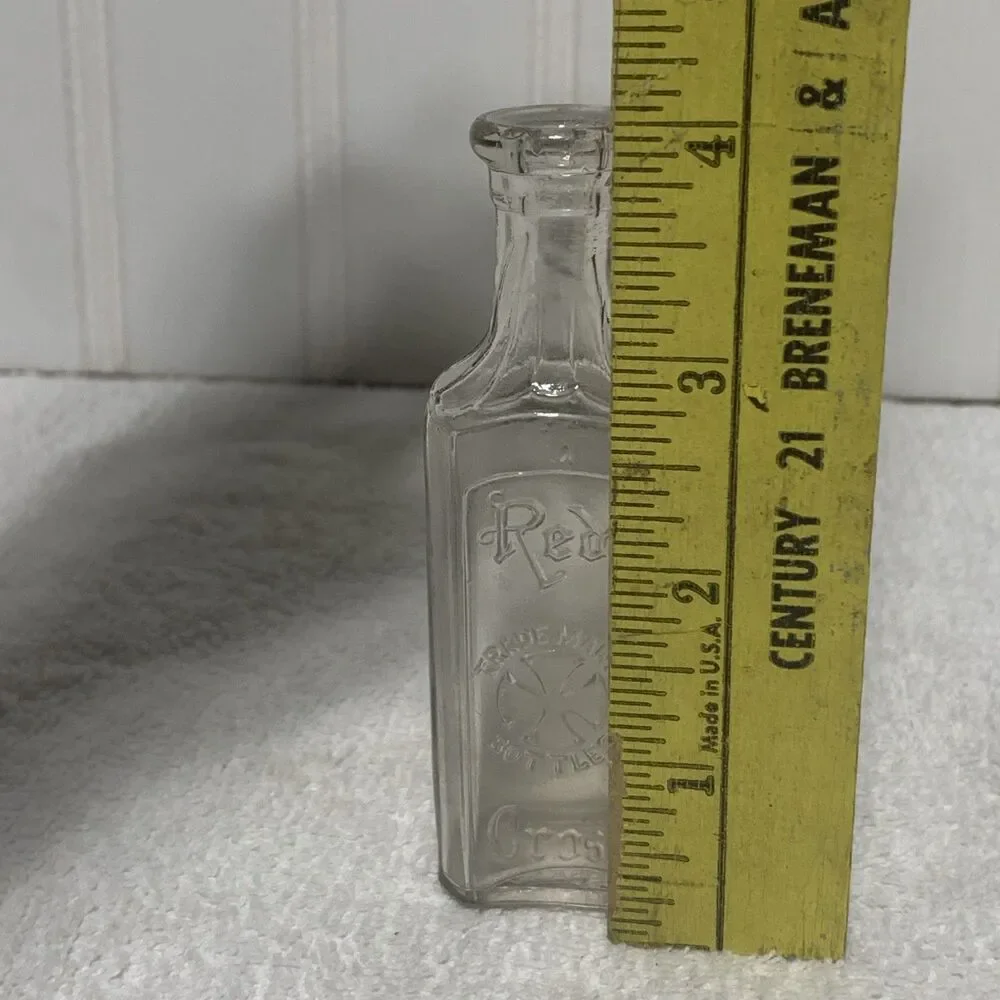 Vintage 4” Red Cross Clear Glass Bottle, Trademark Bottles